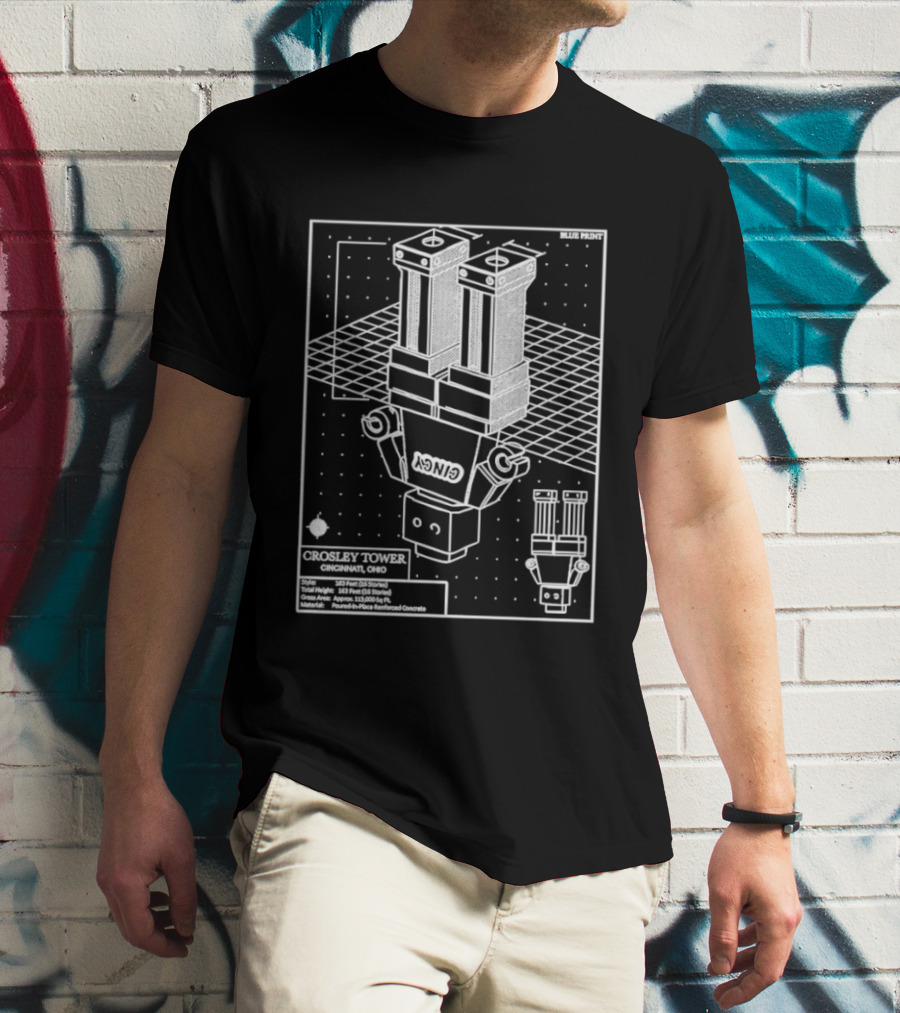 Crosley Tower Blueprint Cincinnati Ohio Robot Schematic T-Shirt