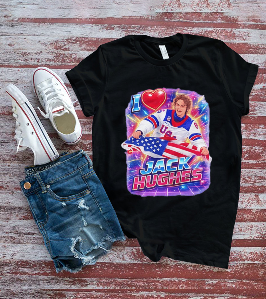 I Love Jack Hughes USA Hockey Flag Celebration T-Shirt