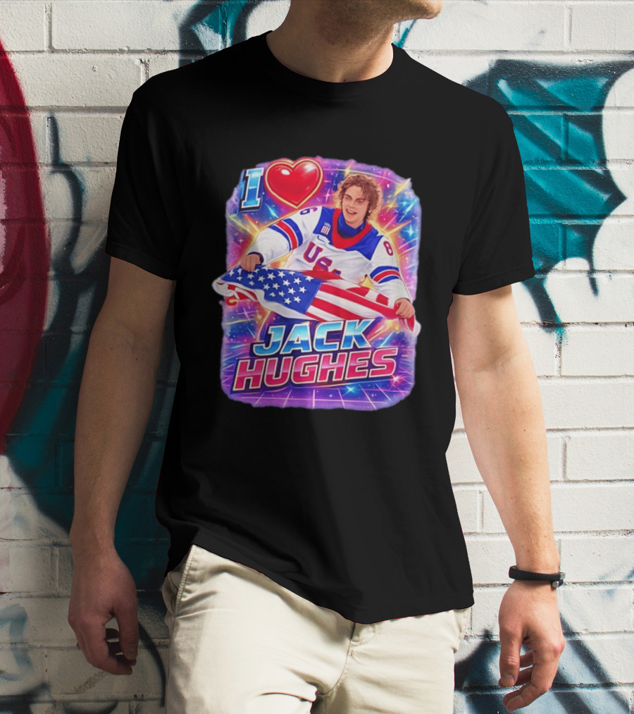 I Love Jack Hughes USA Hockey Flag Celebration T-Shirt