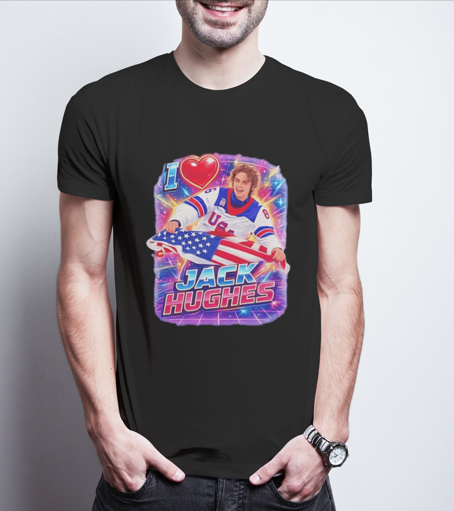 I Love Jack Hughes USA Hockey Flag Celebration T-Shirt