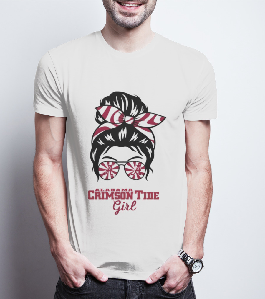 Alabama Crimson Tide Girl Messy Bun With Glasses And Bow T-Shirt