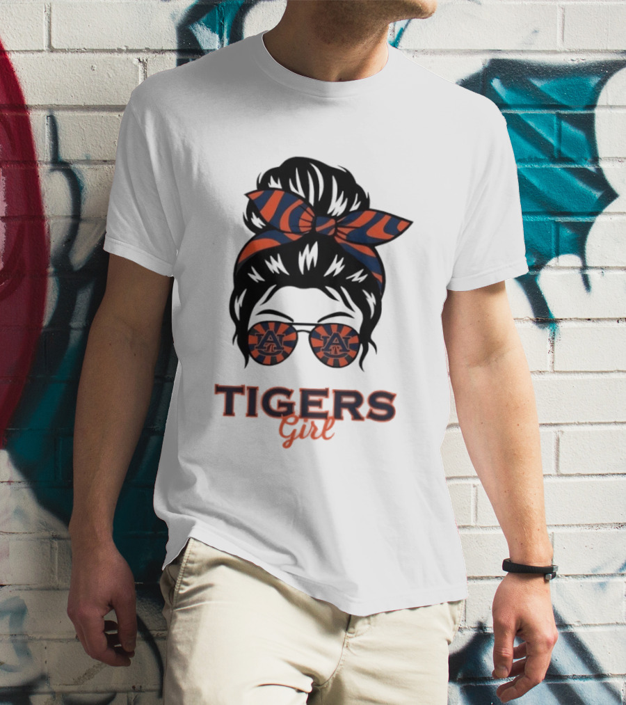 Auburn Tigers Girl Messy Bun Glasses Bow T-Shirt
