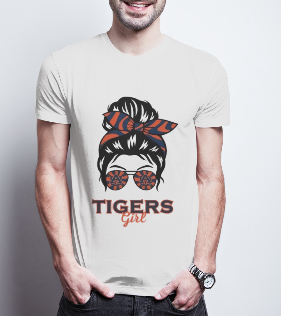 Auburn Tigers Girl Messy Bun Glasses Bow T-Shirt