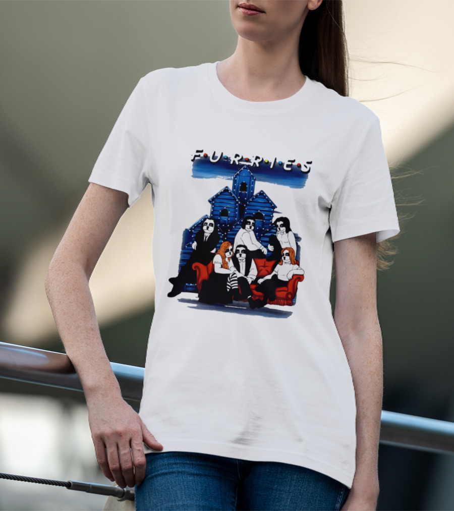 Furries Friends Group Sitting In Front Of Blue Houses T-Shirt