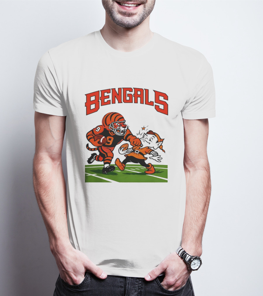 Bengals Tiger Player Tackling Browns Elf Cleveland Rivalry T-Shirt
