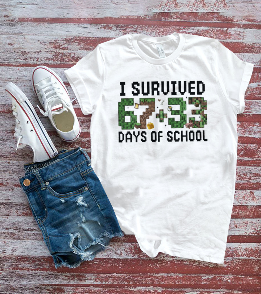 I Survived 67 Plus 33 Days Of School Minecraft Style Blocks T-Shirt
