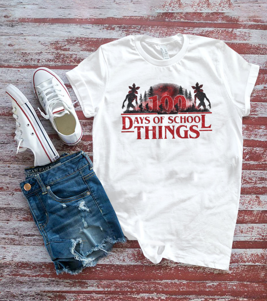100 Days Of School Things Stranger Things Biking Adventure With Demogorgon T-Shirt