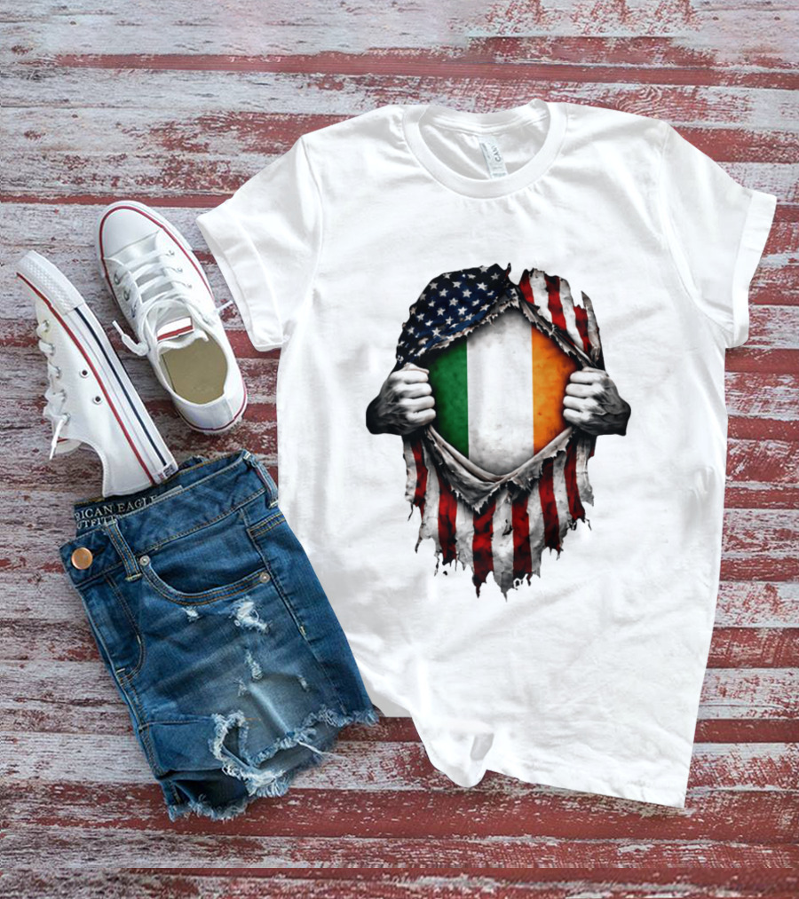 Irish Inside American Flag Tear With Ireland Flag T-Shirt
