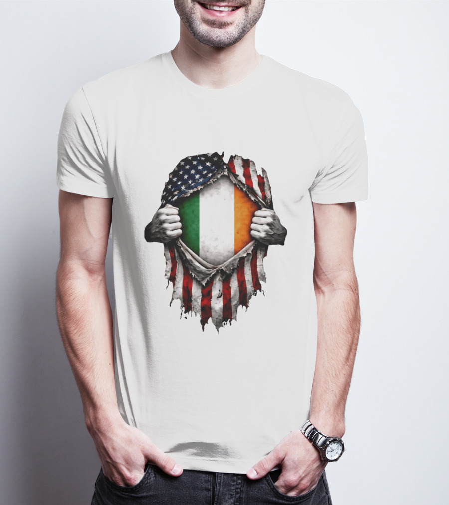 Irish Inside American Flag Tear With Ireland Flag T-Shirt