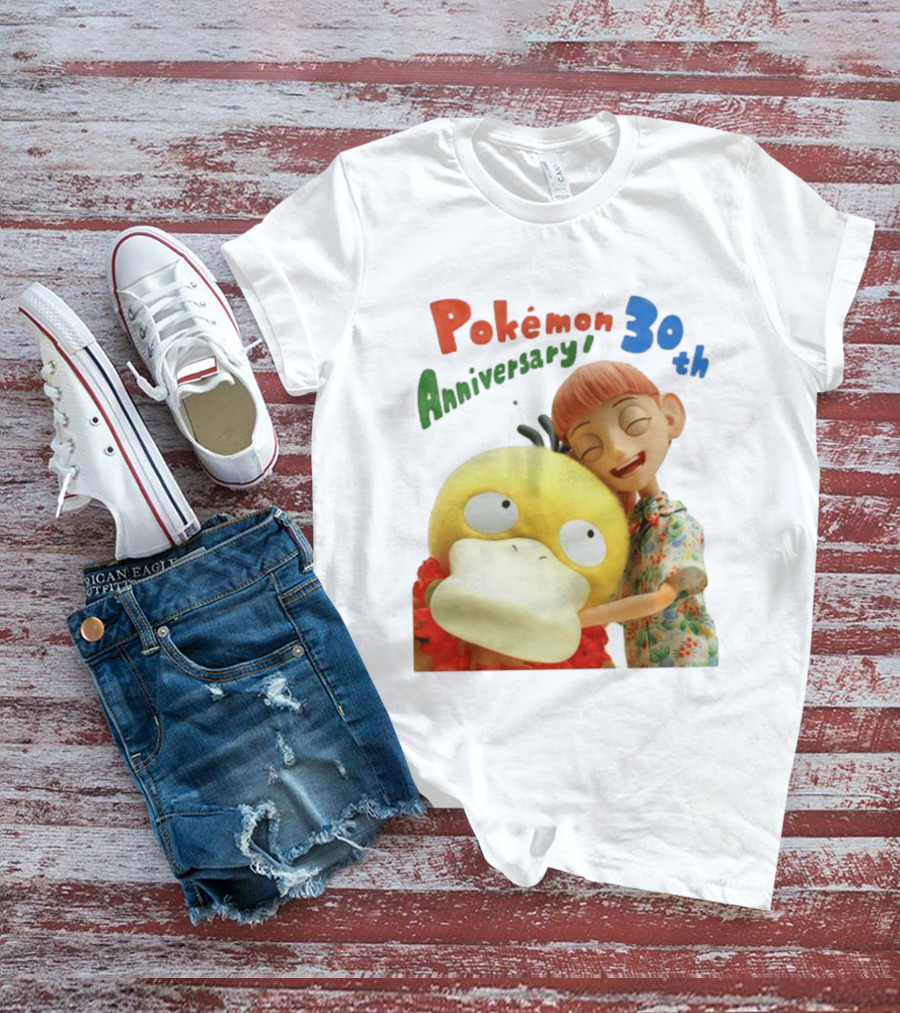 Pokémon 30th Anniversary Pokémon Concierge Psyduck Hugging Celebration T-Shirt