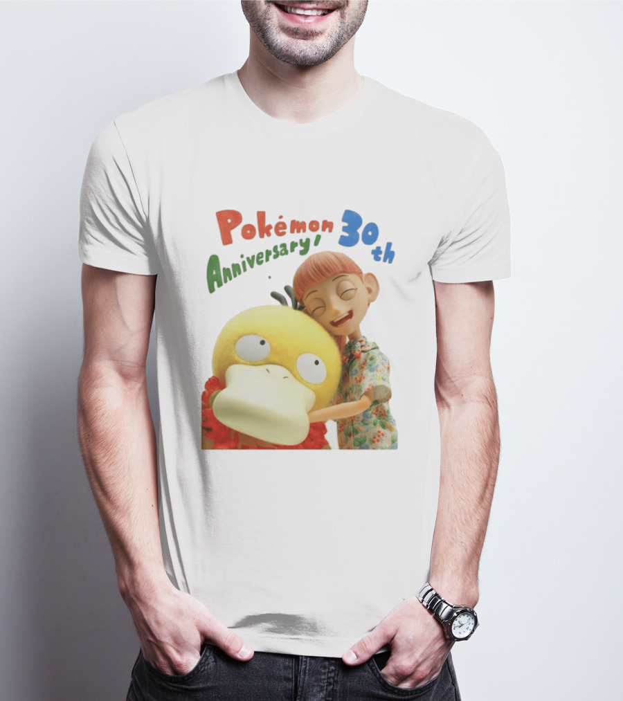 Pokémon 30th Anniversary Pokémon Concierge Psyduck Hugging Celebration T-Shirt