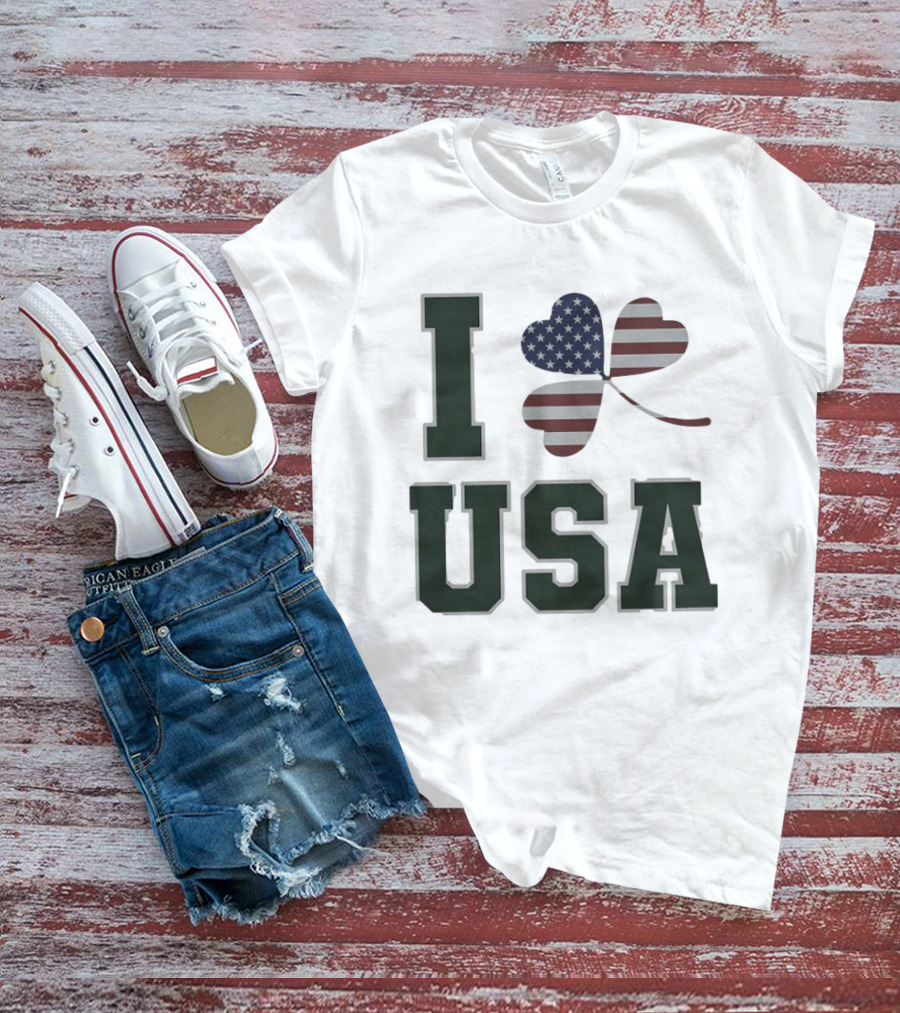 I Love USA St Patrick's Day Shamrock American Flag Heart T-Shirt