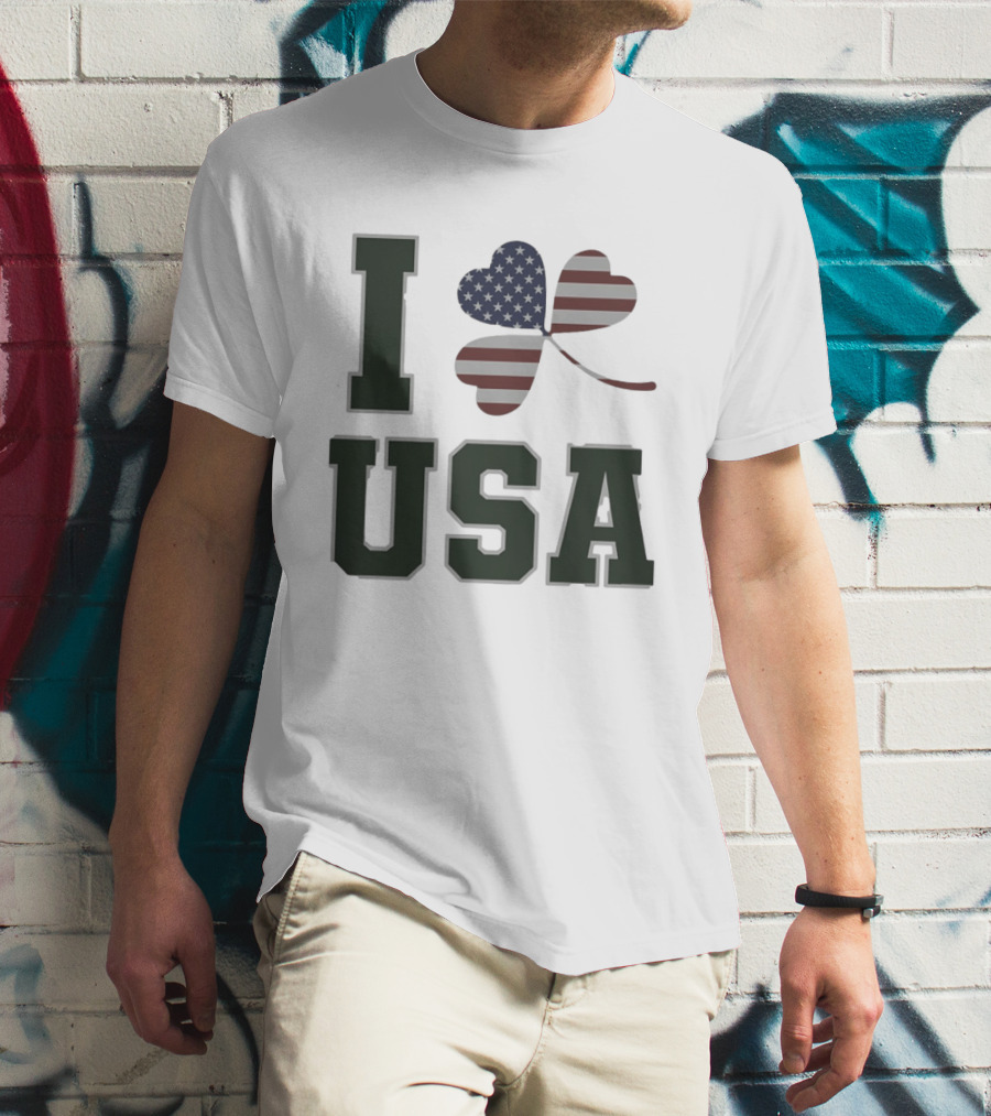 I Love USA St Patrick's Day Shamrock American Flag Heart T-Shirt