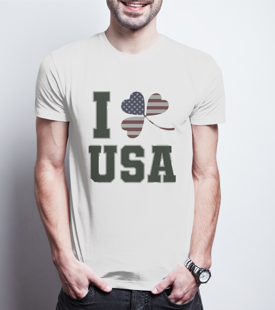 I Love USA St Patrick's Day Shamrock American Flag Heart T-Shirt