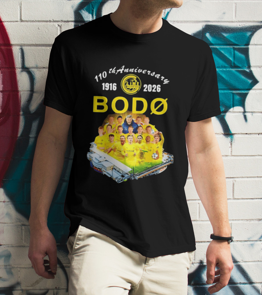 Bodø Glimt 110th Anniversary 1916 2026 Aspmyra Stadion Collage Featuring Players And Signatures T-Shirt