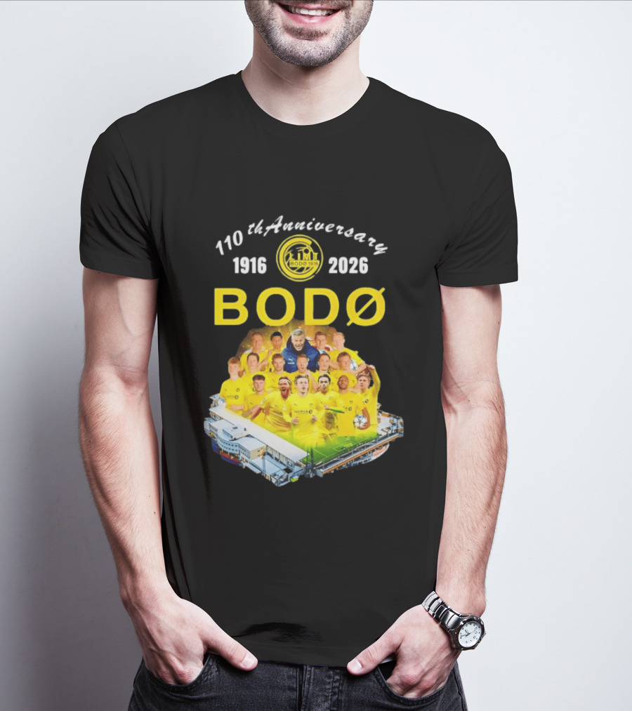 Bodø Glimt 110th Anniversary 1916 2026 Aspmyra Stadion Collage Featuring Players And Signatures T-Shirt