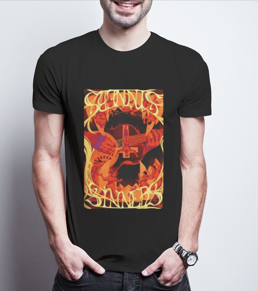 Sinners Pecadores Upside Down Guitar Person T-Shirt