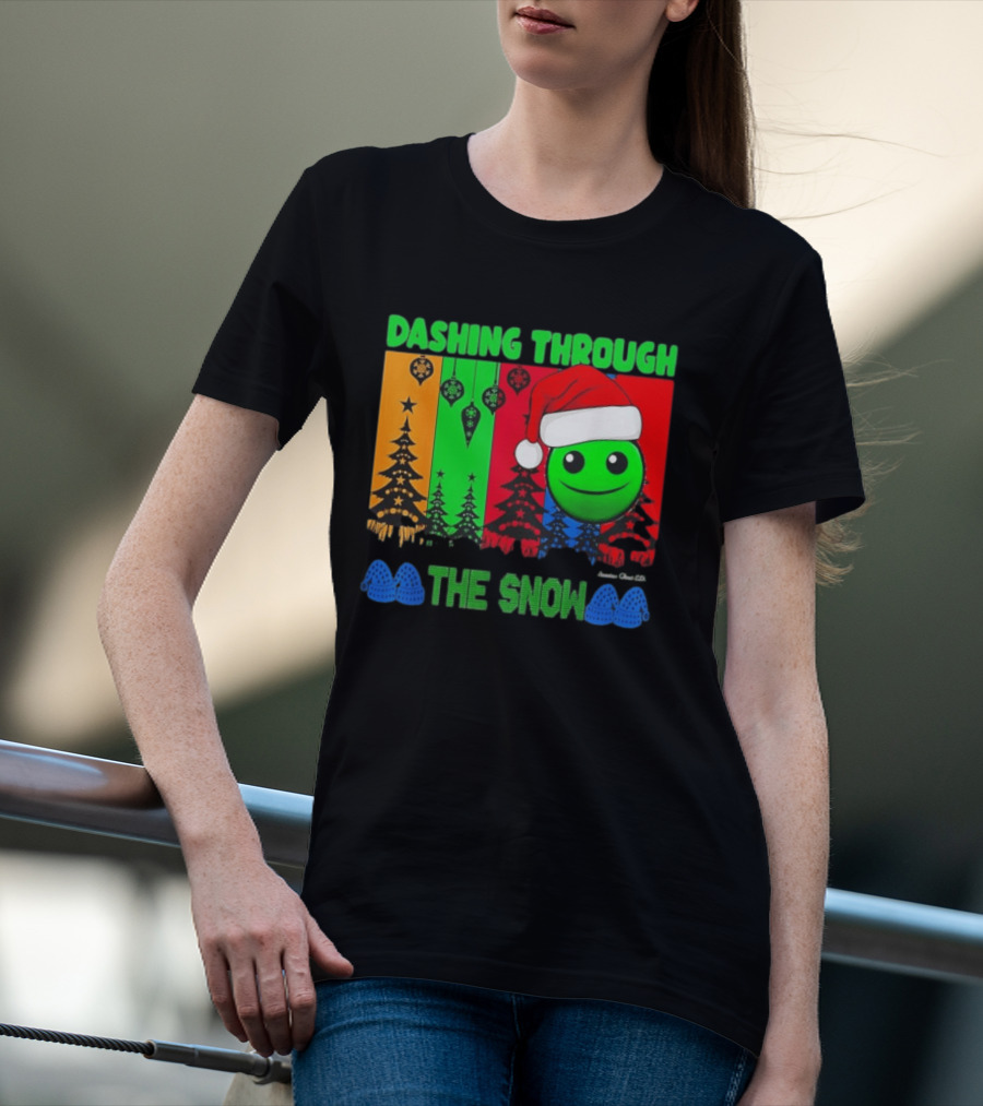 Dashing Through The Snow Emoji Santa Hat Christmas Trees Multicolor Snowflakes T-Shirt