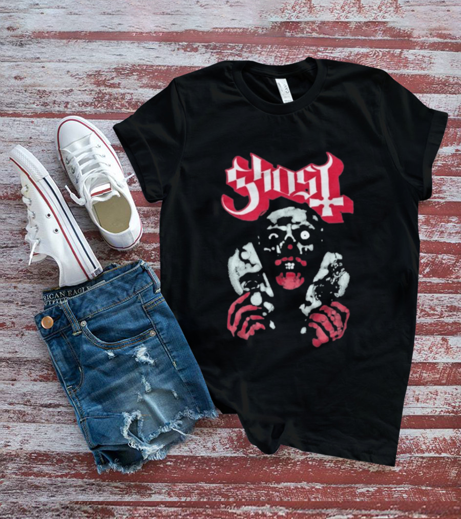 Ghost Mask Design Red And White Skulls And Hands T-Shirt