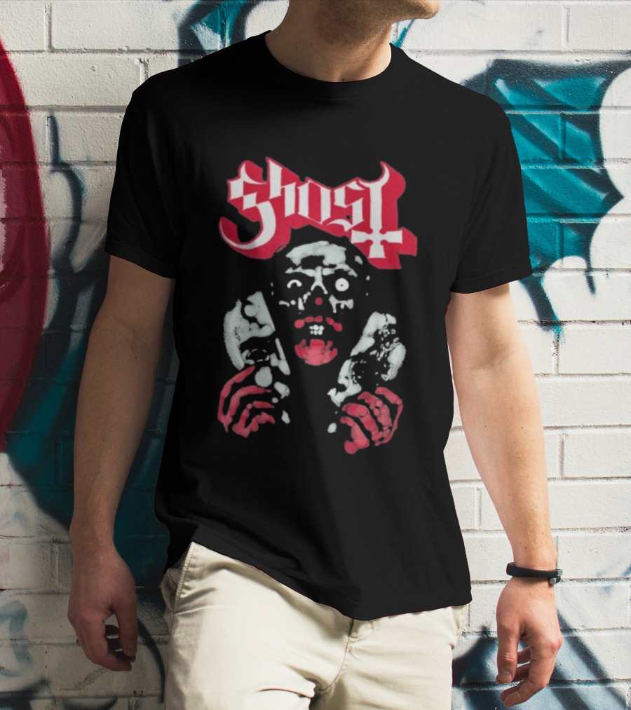 Ghost Mask Design Red And White Skulls And Hands T-Shirt