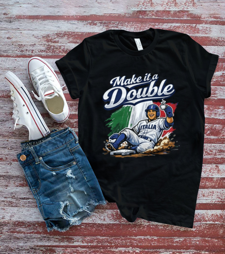 Make It A Double Italia Baseball Sliding Player Italian Flag T-Shirt