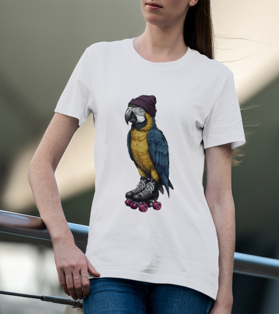 Nice Roller Skating Parrot With Hat And Colorful Feathers T-Shirt