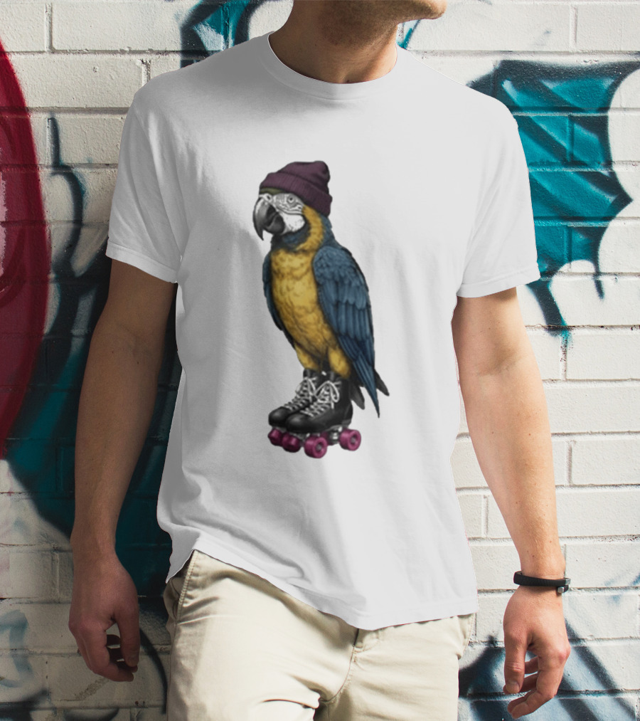 Nice Roller Skating Parrot With Hat And Colorful Feathers T-Shirt