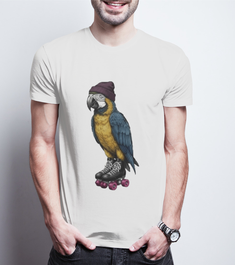 Nice Roller Skating Parrot With Hat And Colorful Feathers T-Shirt