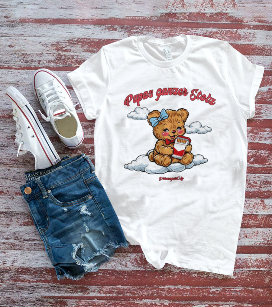 Papas Ganzer Stolz Bear With Bow Holding Cigarettes On Clouds T-Shirt