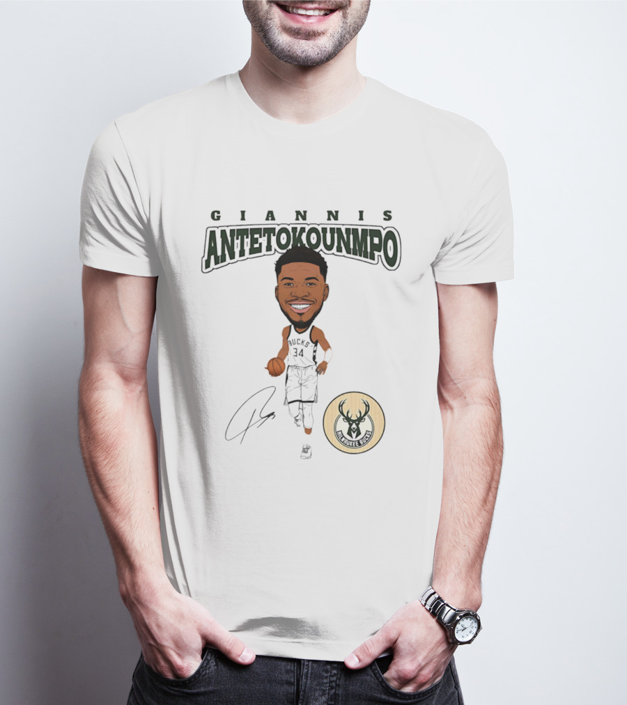 Giannis Antetokounmpo Milwaukee Bucks Hardwood Comic Caricature Basketball Signature 34 T-Shirt