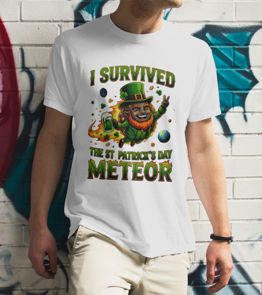 I Survived The St. Patrick's Day Meteor Leprechaun 2026 Green Beer Cheers And Peace T-Shirt