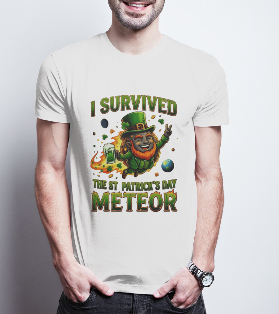 I Survived The St. Patrick's Day Meteor Leprechaun 2026 Green Beer Cheers And Peace T-Shirt