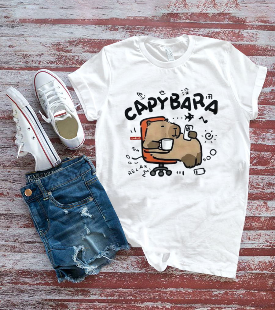 Capybara Relaxing On Office Chair With Coffee And Phone T-Shirt