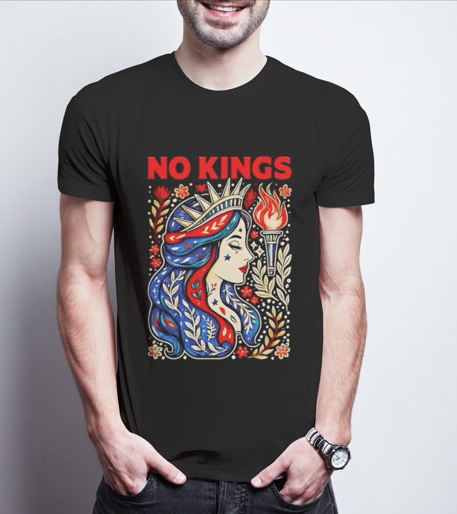 No Kings Liberty Crowned Woman Torch And Floral T-Shirt