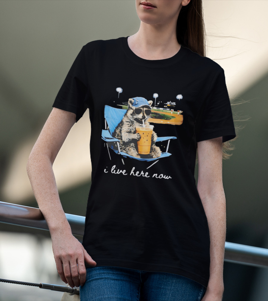 Raccoon I Live Here Now Funny Coffee Lover Camping Chair Sunglasses Baseball Cap T-Shirt
