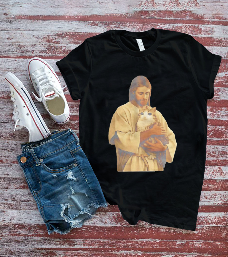 Jesus Embracing Chubby Cat T-Shirt
