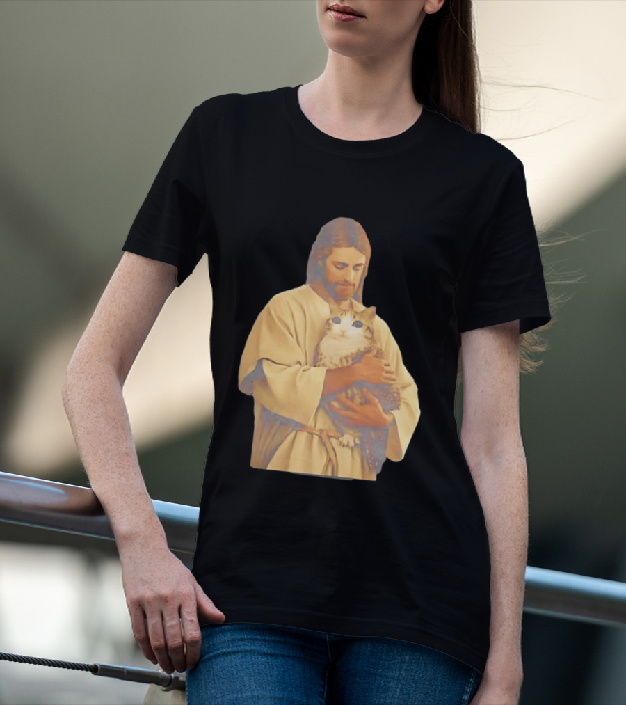 Jesus Embracing Chubby Cat T-Shirt