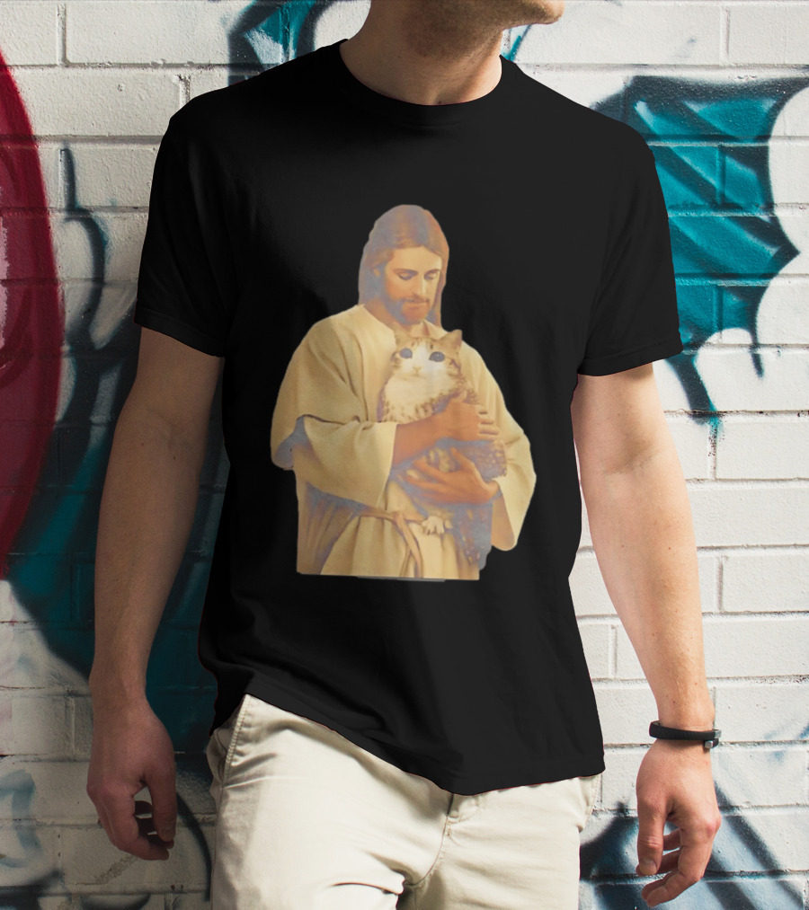Jesus Embracing Chubby Cat T-Shirt