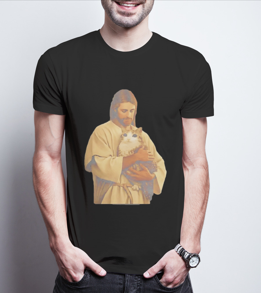 Jesus Embracing Chubby Cat T-Shirt