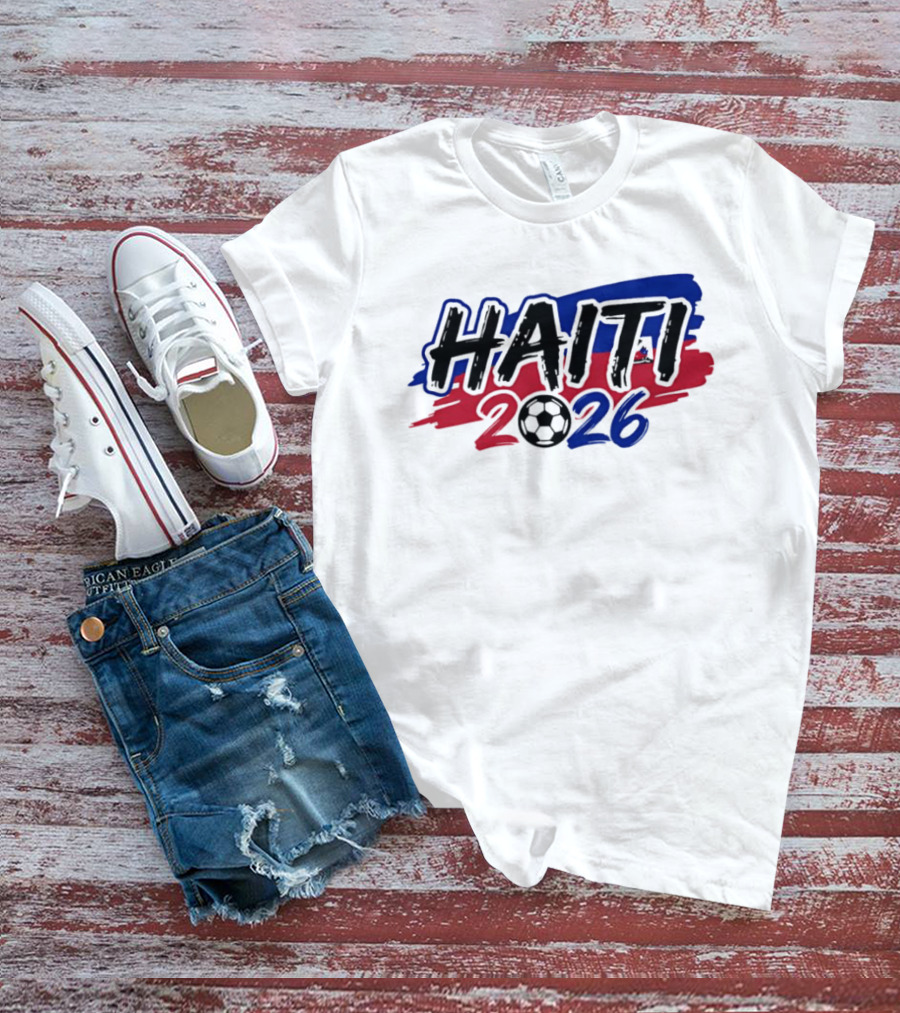 Haiti 2026 Soccer Emblem With Red And Blue Brush Strokes T-Shirt