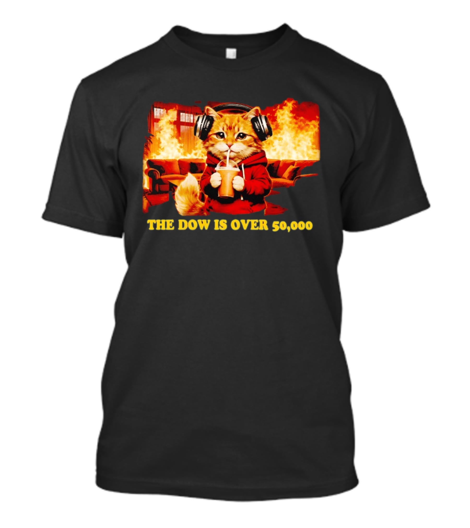 Cat Headphones Sipping Drink Couch Fire The Dow Is Over 50000 T-Shirt