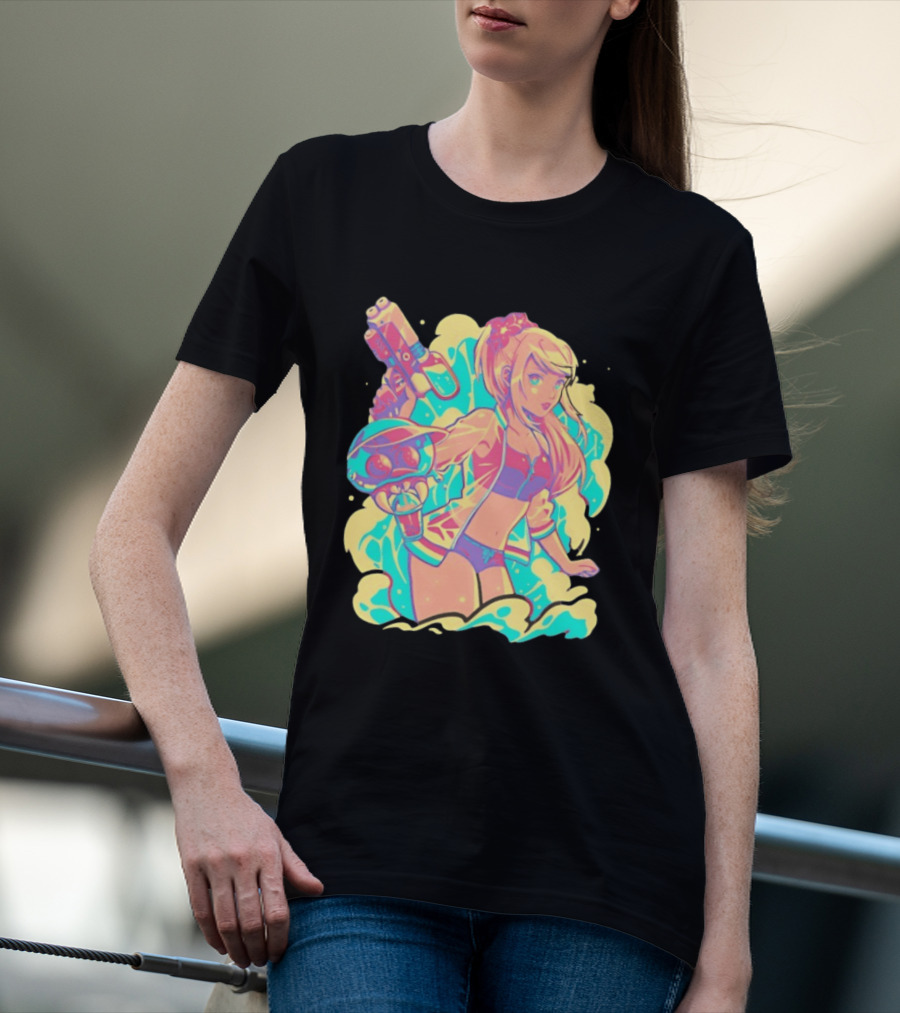 Metroid Water Games Neon Anime Girl With Water Gun And Floating Creature T-Shirt