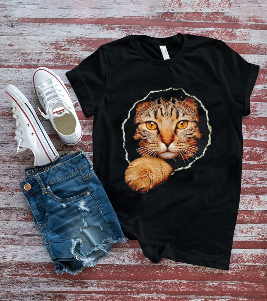 Tabby Cat Golden Eyes Peeking Through Handsome Brown T-Shirt
