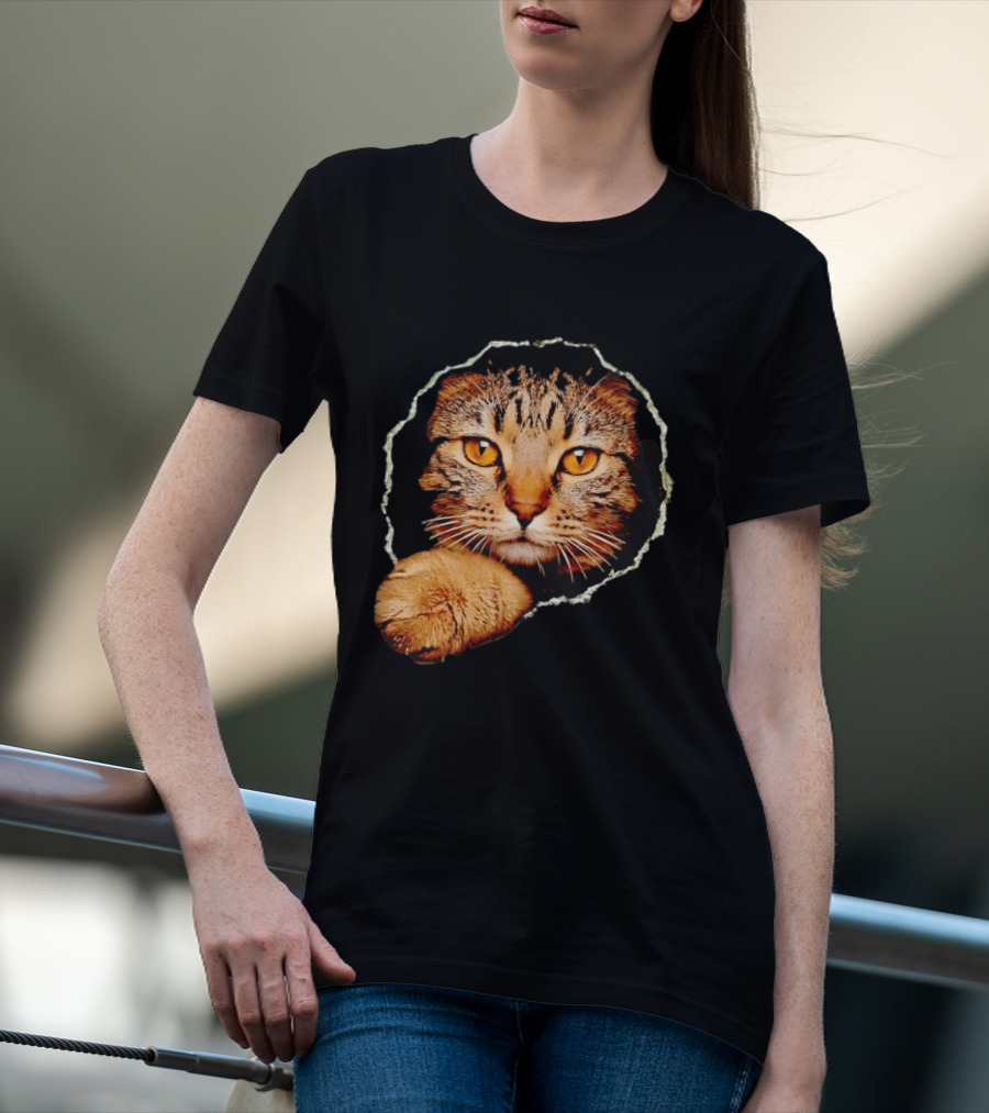 Tabby Cat Golden Eyes Peeking Through Handsome Brown T-Shirt