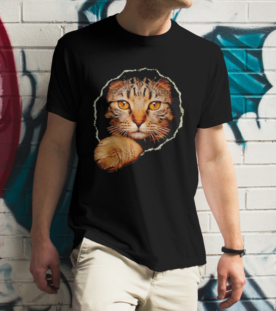 Tabby Cat Golden Eyes Peeking Through Handsome Brown T-Shirt