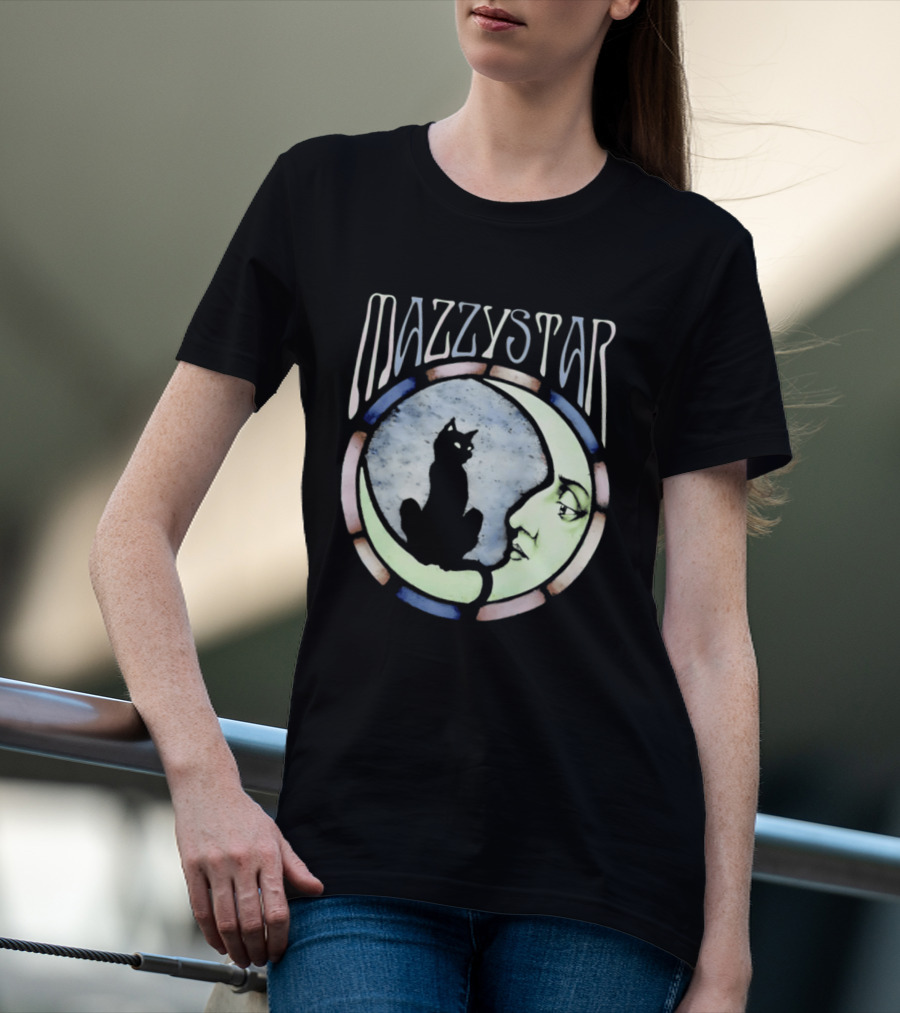 Mazzy Star Black Cat Moon Stained Glass Crescent Moon T-Shirt