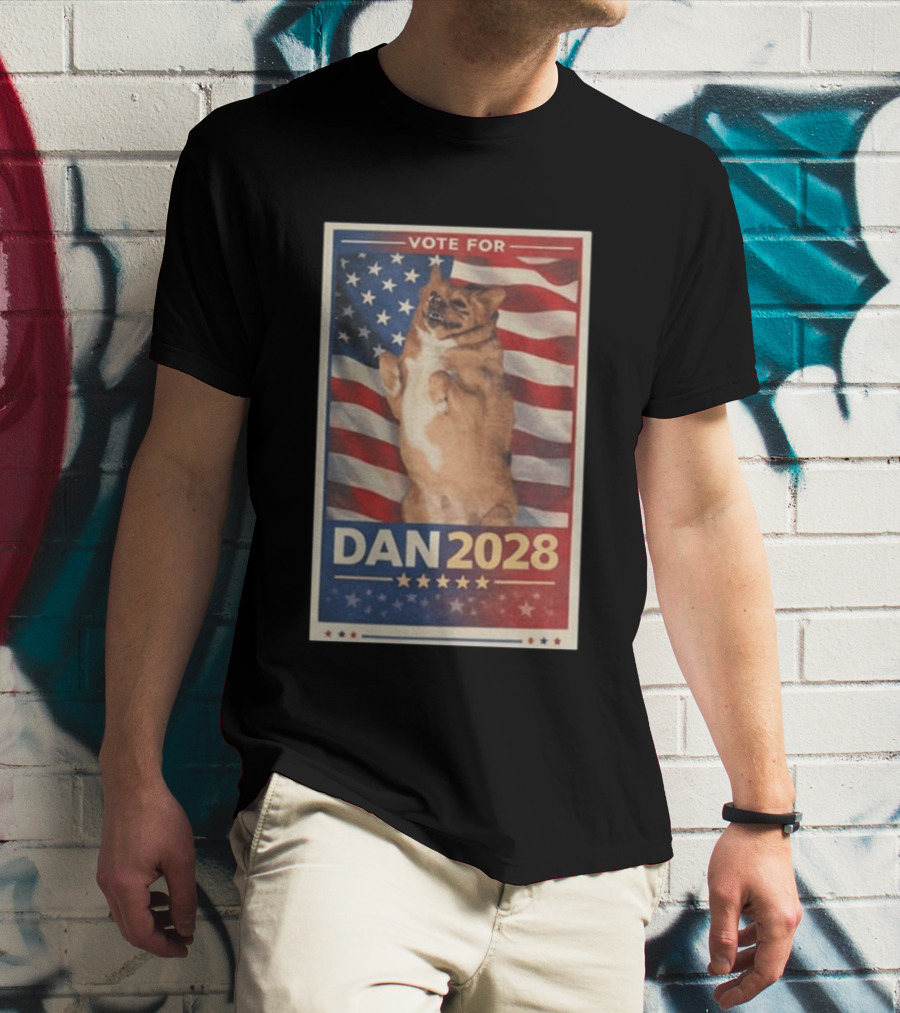 Vote For Dan 2028 American Flag Dog Stars Stripes T-Shirt