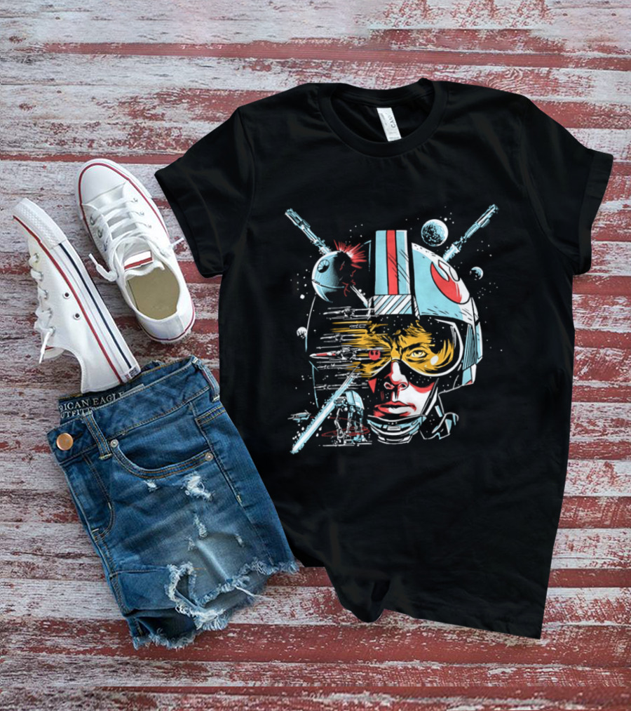 Luke Skywalker Helmet With Blaster And Planets T-Shirt