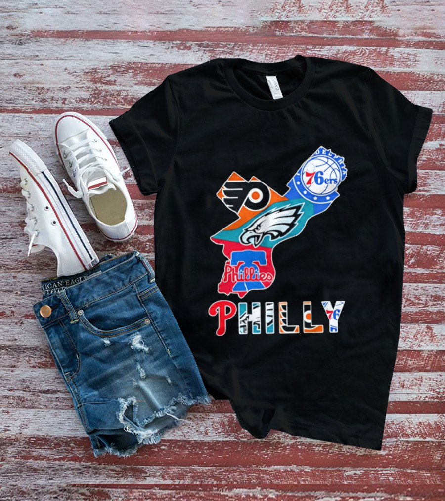 Philadelphia Flyers 76ers Eagles Phillies PHILLY Sports Logos State Map T-Shirt