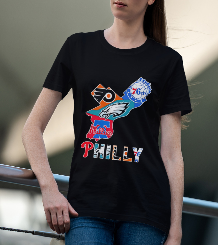 Philadelphia Flyers 76ers Eagles Phillies PHILLY Sports Logos State Map T-Shirt
